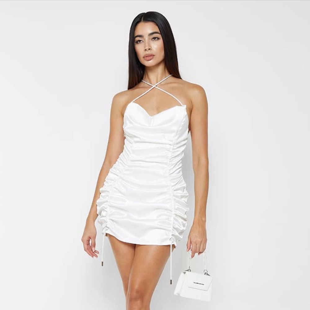 White Ruched Satin Mini Dress
